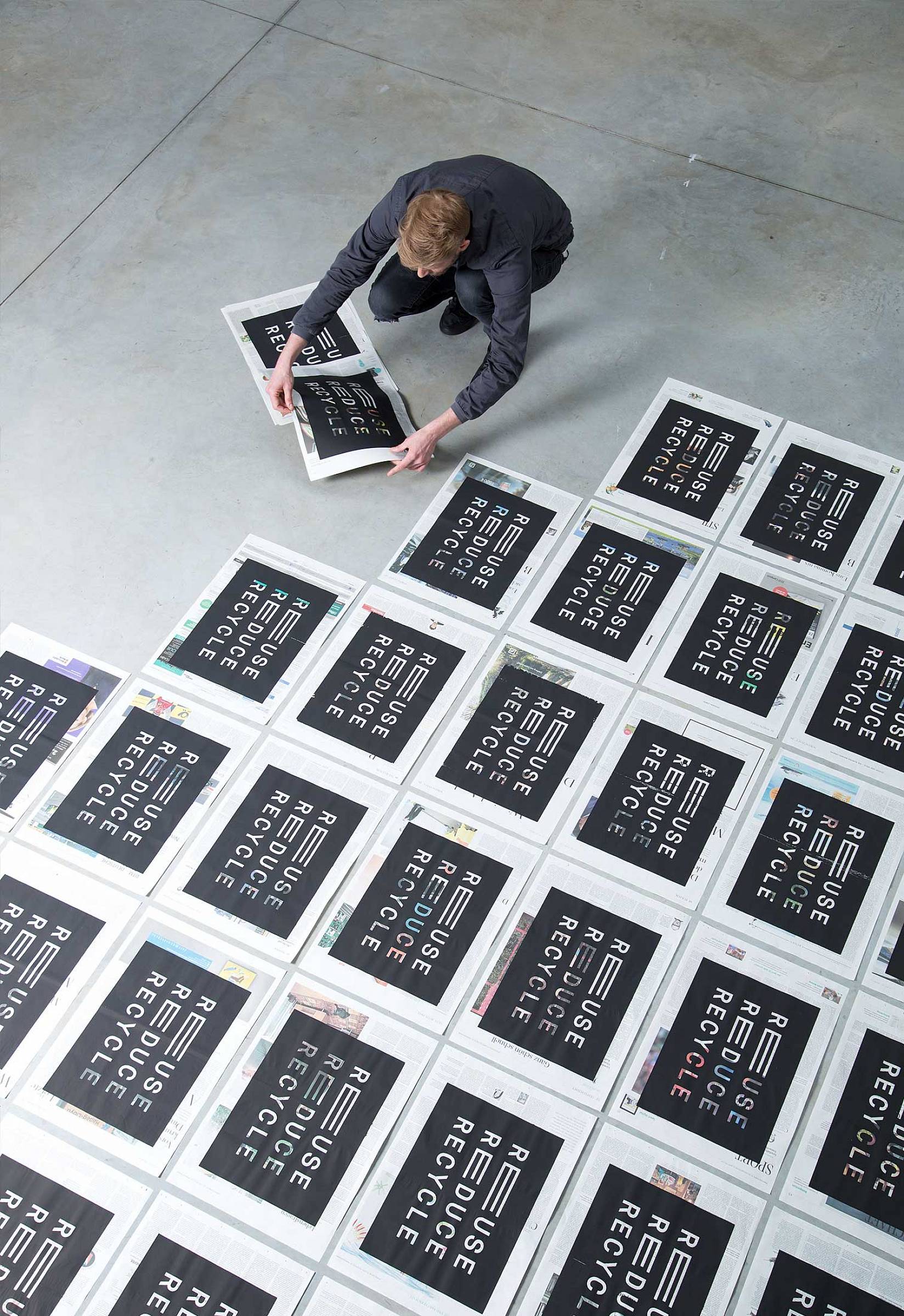 Reuse, Reduce, Recycle, silkscreen prints on newspapers, photo by <a href=